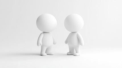 Two white faceless 3D figures standing and facing each other on a white background, minimalist design, and concept of communication and interaction.