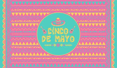 Colorful Cinco de Mayo 2025 carnival background with sombrero, guitar and folk art decorations. Best for Cinco de Mayo celebration designs. Festive Mexican background with folk art