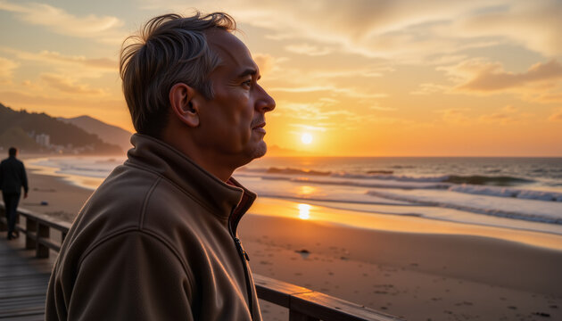 Elderly man watching sunrise by the beach at sunset   - Powered by Adobe