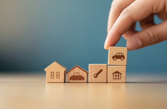 Building assets, like a house, car, and tools.  A hand places a block with a car icon, symbolizing the next step in financial planning