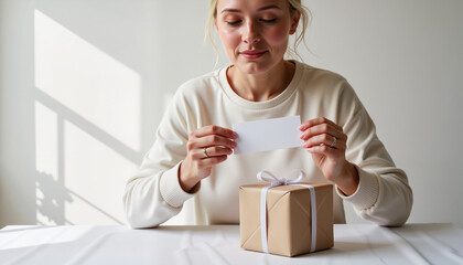 Elderly woman unboxing retirement gift on table with soft light  