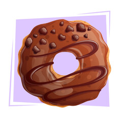 Delicious chocolate donut on a purple background close-up. The concept of confectionery, baking, cooking. Isolated vector illustration for the design of menus, posters, banners, covers