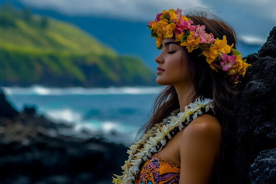 Fototapeta Beautiful hawaiian woman with flower crown and lei posing on the beach for a travel advertisement