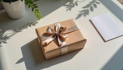 Elderly woman wrapping gifts in a sunlit room with greenery  