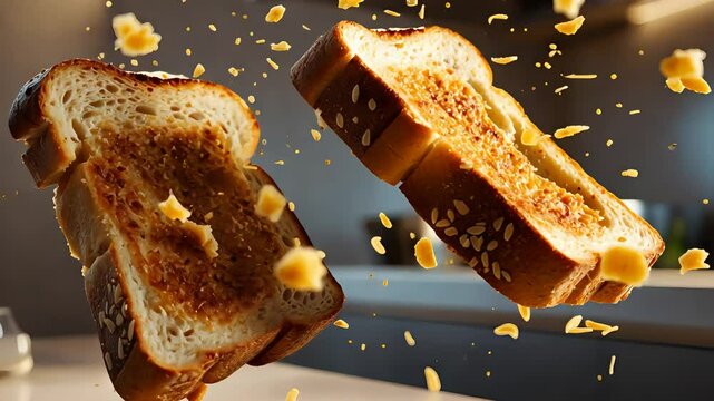 Two slices of crispy, toasted bread floating with crumbs falling, captured in mid-air in a dynamic kitchen setting.

