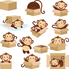Set digital collage of cute monkey in cardboard box