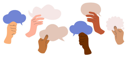 Colorful inclusive illustration of various hands holding speech bubbles vector drawing. Communication, dialogue, and social interaction concept designs