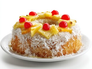 A visually appealing cake on a plate. Adorned with pineapple, cherries and desiccated coconut. Perfect for occasions