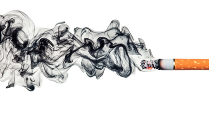 Png of Cigarette with smoke swirling in artistic patterns, showcasing the effects of smoking and its health implications.