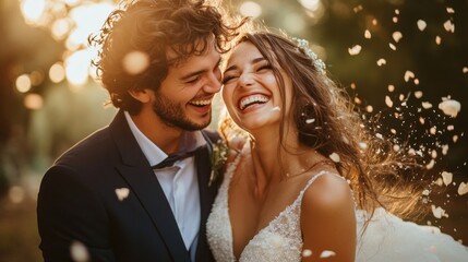 Couple radiates happiness as they embrace, surrounded by floating flower petals and warm sunlight during an enchanting outdoor wedding celebration that captures pure joy and romance