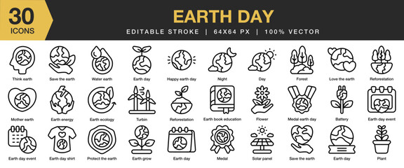 Earth Day icon set. Editable Stroke Icon Collection. Includes earth, environment, nature, green, day, ecology, and More. Outline icons vector collection. © spacepixel