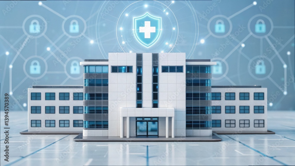 Poster digital 3d hospital building surrounded by data security illustrations