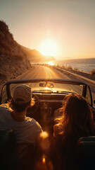 Romantic couple driving a vintage convertible by the sea at sunset, woman smiling with raised arms, celebrating summer freedom and love &mdash; Generative AI