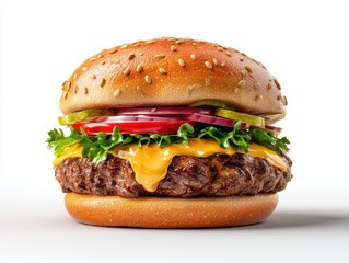 A mouthwatering and visually appealing classic burger with fresh ingredients. This photo highlights the appetizing textures, colors.