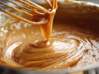 A close-up shot of the silky caramel sauce, mixed by whisk,  showcasing the rich texture and alluring hue. The culinary art of sweet making