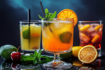 Colorful selection of classic and unusual cocktails with garnish on bar counter in elegant glasses, generative ai