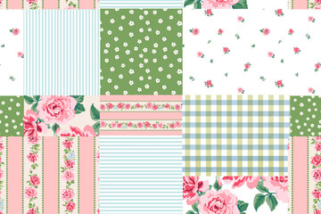 Cute patchwork floral pattern with floral, geometric and handcrafted motifs. Boho style pattern for textiles and decor