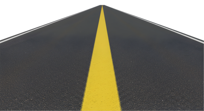 A long asphalt road stretching into the distance with a bright yellow line down the center of the road
