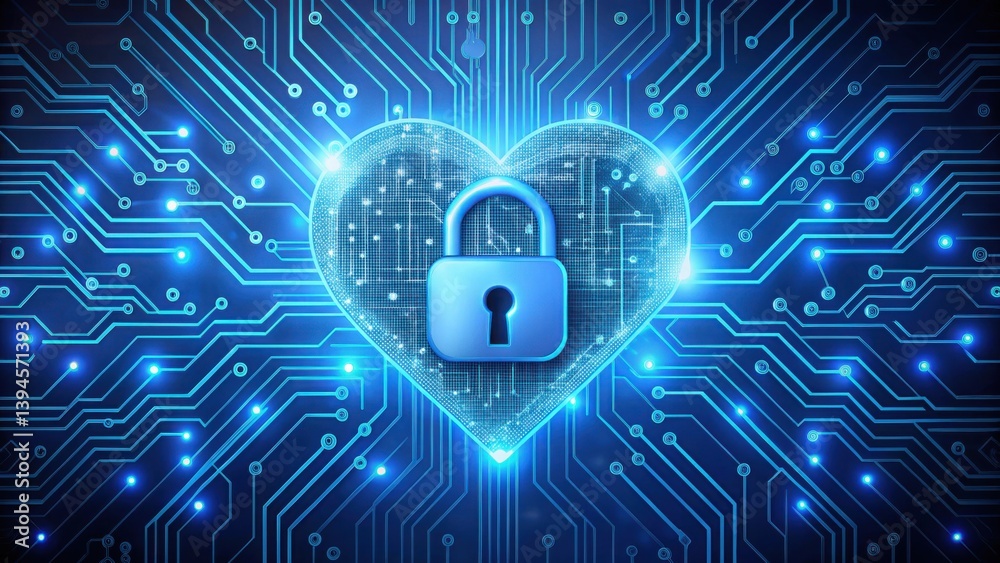 Aufkleber Digital Heart Icon with Lock on Circuit Pattern Background