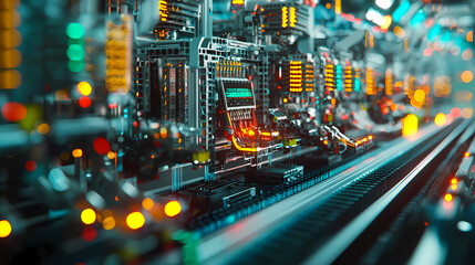 Obraz premium A vivid close-up of a futuristic technology scene featuring intricate machinery, glowing lights, and a complex network of circuits.