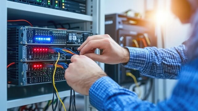 System administrator connecting network cables in data center server room
