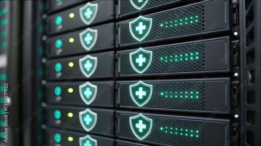 Poster medical server rack with glowing symbols for data storage solutions