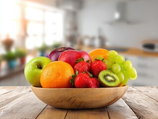 A vibrant assortment of fresh, colorful fruits overflowing a wooden bowl, arranged on a rustic wooden table, with a soft-focused kitchen backdrop.