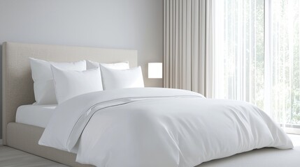 Modern minimalist bedroom interior, featuring a spacious, light-filled room with a comfortable bed
