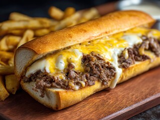 a tempting, up-close shot of a mouthwatering Philly cheesesteak sandwich with melted cheese, juicy steak, and golden french fries