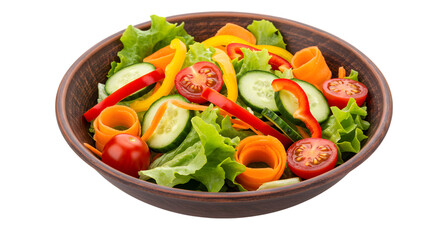 A fresh salad with lettuce, tomatoes, cucumbers, carrots, and bell peppers in a brown ceramic bowl