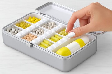 A person organizing a daily pillbox with medication