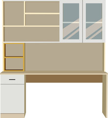 Modern office desk with integrated storage and bookshelf.wooden study table isolated on white background