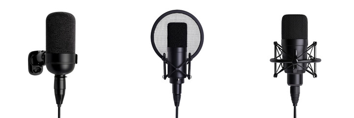 Showcase of three isolated minimalist microphone mockups suitable for branding and design projects