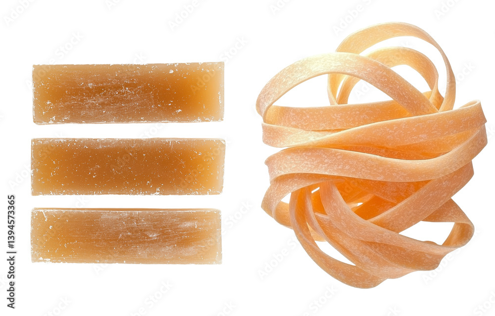 Poster Minimalist mockups featuring isolated caramel candy strips and ribbons on white background displaying texture and shape