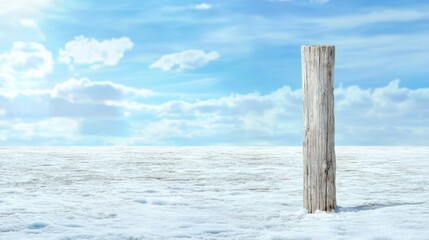 Wooden Post Amidst Vast Plain Under a Sunny Sky, Isolated in the landscape