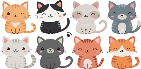 Cute cartoon cats in various colors, showcasing playful and cheerful expressions.