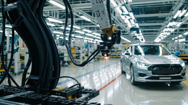 Modern automotive production line with silver electric vehicle, robotic arms, advanced manufacturing equipment, bright industrial facility with systematic workflow and technological infrastructure
