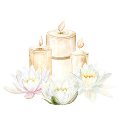 Candles and lotus flowers. A hand drawn watercolor illustration in pastel colors for packaging, textiles and clearance designs.
