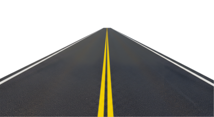 A straight asphalt road stretches into the distance with double yellow lines and white edge lines visible