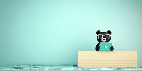 Fototapeta premium security researchers risk assessment monitoring concept. Cute panda cartoon character sitting at a desk against a light blue wall.