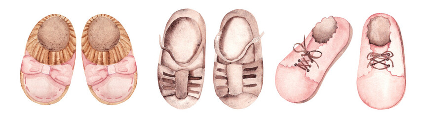 Baby Girl Shoes Set. Hand drawn watercolor illustration of Booties and summer Sandals for Kid isolated on a white background. Cute Infant footwear clipart for invitations, Gender party, Baby shower