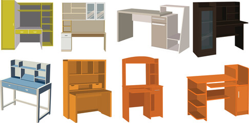A collection of different colored desks and computer desks. The desks are all different shapes and sizes, with some having drawers and others having shelves. Scene is one of variety and choice