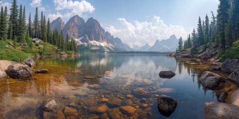 Pristine lake reflecting majestic mountains in the canadian rockies