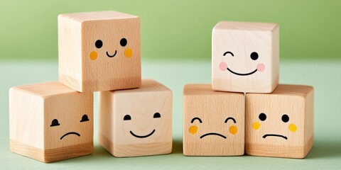 mental wellness for kids,mental wellness for kids,World mental health day concept or feedback rating and positive customer review, wood cube stacking with emotion face icon on pastel green background