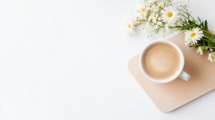 A cup of coffee and flowers on a white background