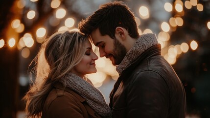 Fototapeta premium In a charming evening atmosphere, a couple enjoys a tender moment, wrapped in each other's arms, surrounded by twinkling lights that illuminate their joyful expressions