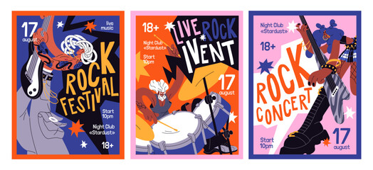Live rock concert event poster designs. Advertising templates of band music performance. Promotion layout with modern musicians with guitar, drum play songs on festival. Flat vector illustrations