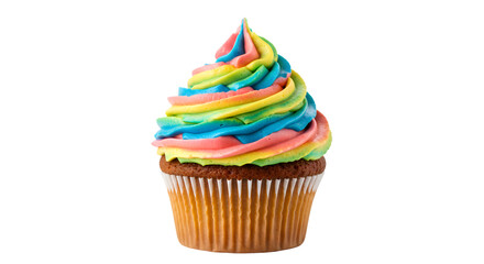 A single cupcake with rainbow colored frosting on a black background in a studio shot close up view