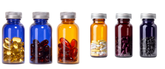 Minimalist mockup of colored glass bottles containing dietary supplements and vitamins with a clean, isolated background
