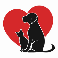 Pet Love Vector Set – Dog and Cat Silhouettes with Heart, Tree, and Nature Elements for Animal Shelter, Veterinary, and Adoption Themes.